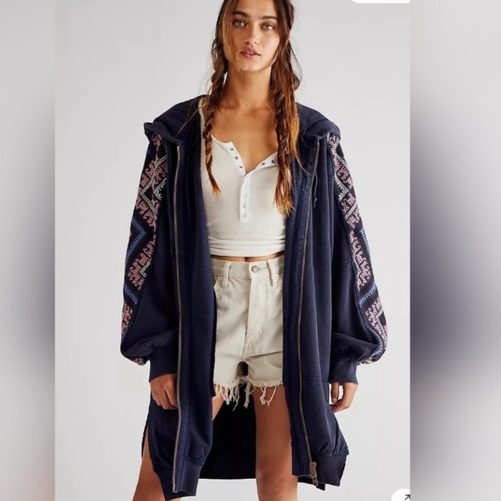 We The Free Hey Man Embroidered Oversized Zip Cardi Hoodie Dress Size Large Boho